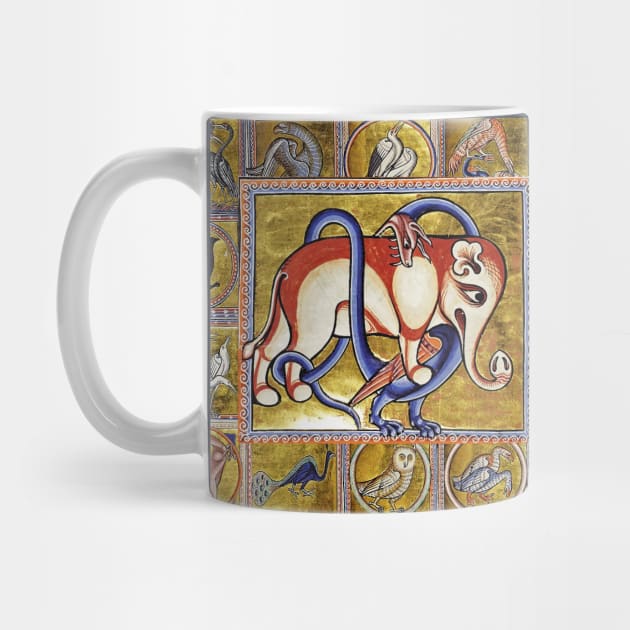 MEDIEVAL BESTIARY COMBAT, DRAGON AND ELEPHANT, FANTASTIC ANIMALS IN GOLD RED BLUE COLORS by BulganLumini